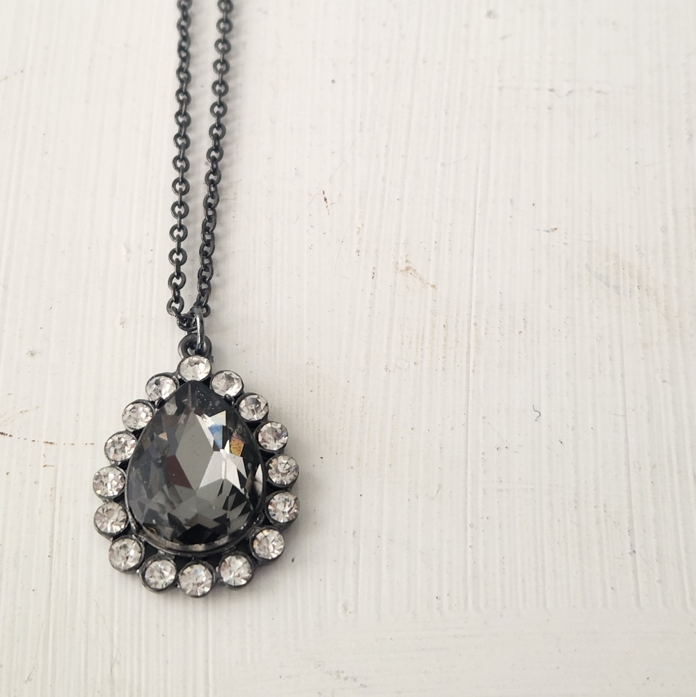 Charcoal Teardrop Shaped Pendant With Crystals Necklace 10.25" - Never Worn